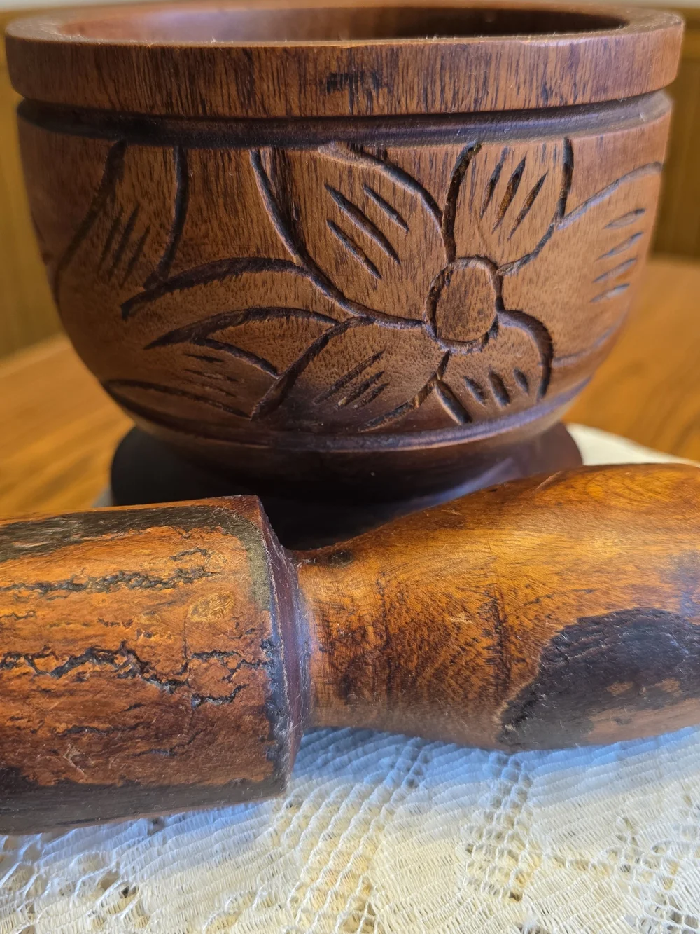 VTG Artisan-Carved Wood Haitian Mortar And Pestle Large Pilon Footed
